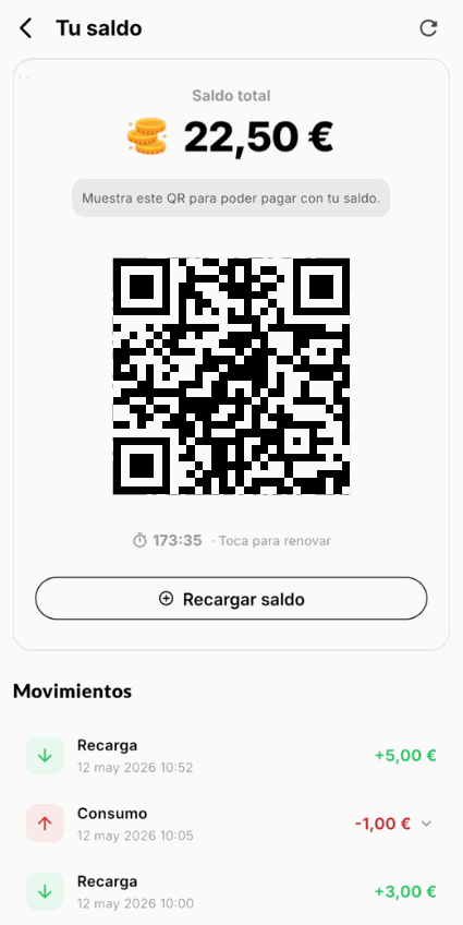 Monedero del festero en la app: saldo total, código QR para pagar, botón Recargar saldo y lista de movimientos de recargas y consumos