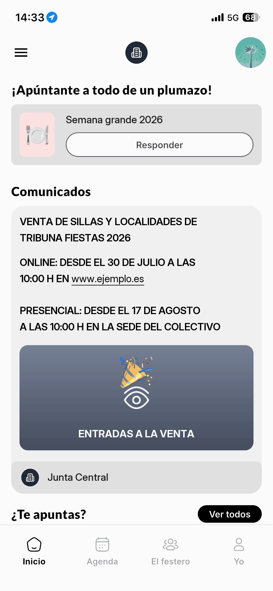 Pestaña Inicio de la app: la tarjeta «Apúntate a todo de un plumazo» con el centro Semana grande 2026 y el botón Responder, y debajo un comunicado