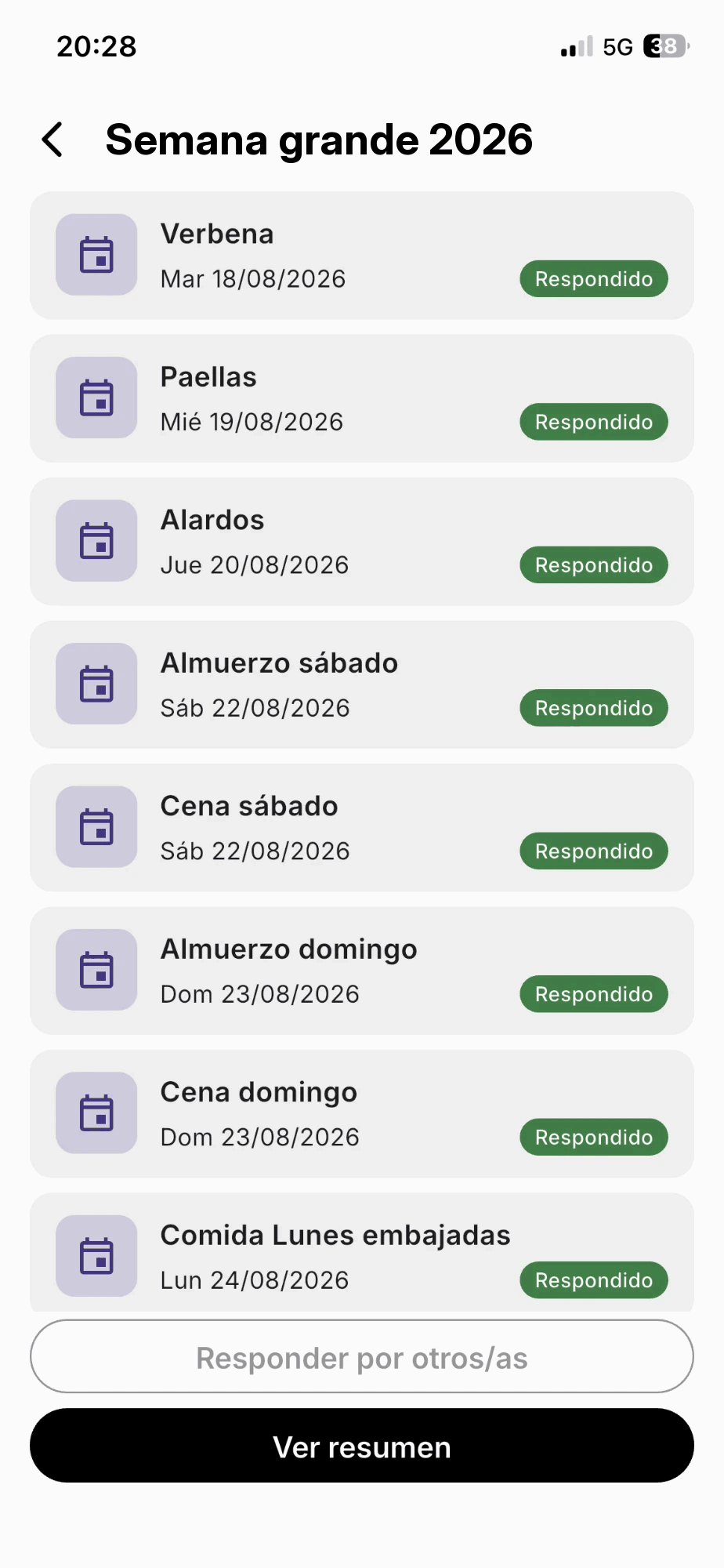 Lista de eventos del centro Semana grande 2026 en la app, cada uno con su fecha y la etiqueta Respondido, y abajo los botones Responder por otros/as y Ver resumen