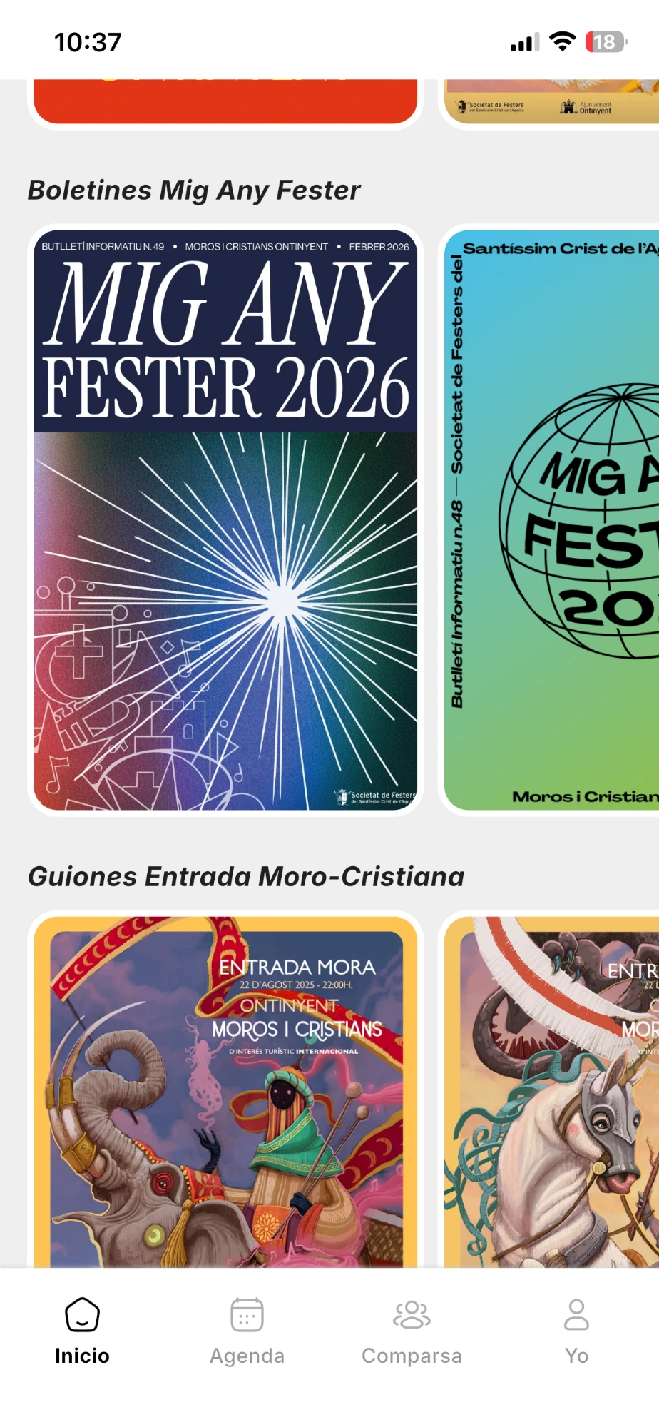 Lista de boletines por año en la app