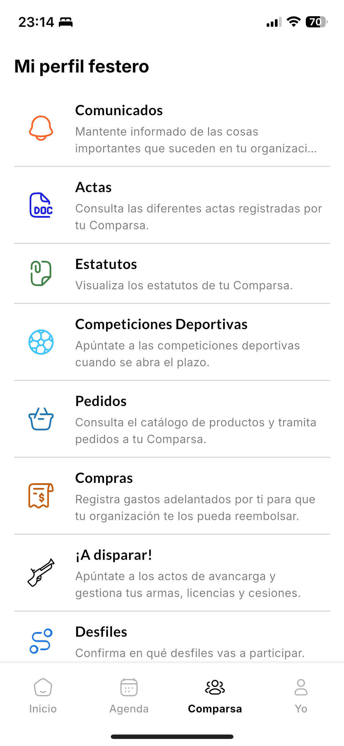 Bloque de comunicados en la pantalla Inicio de la app