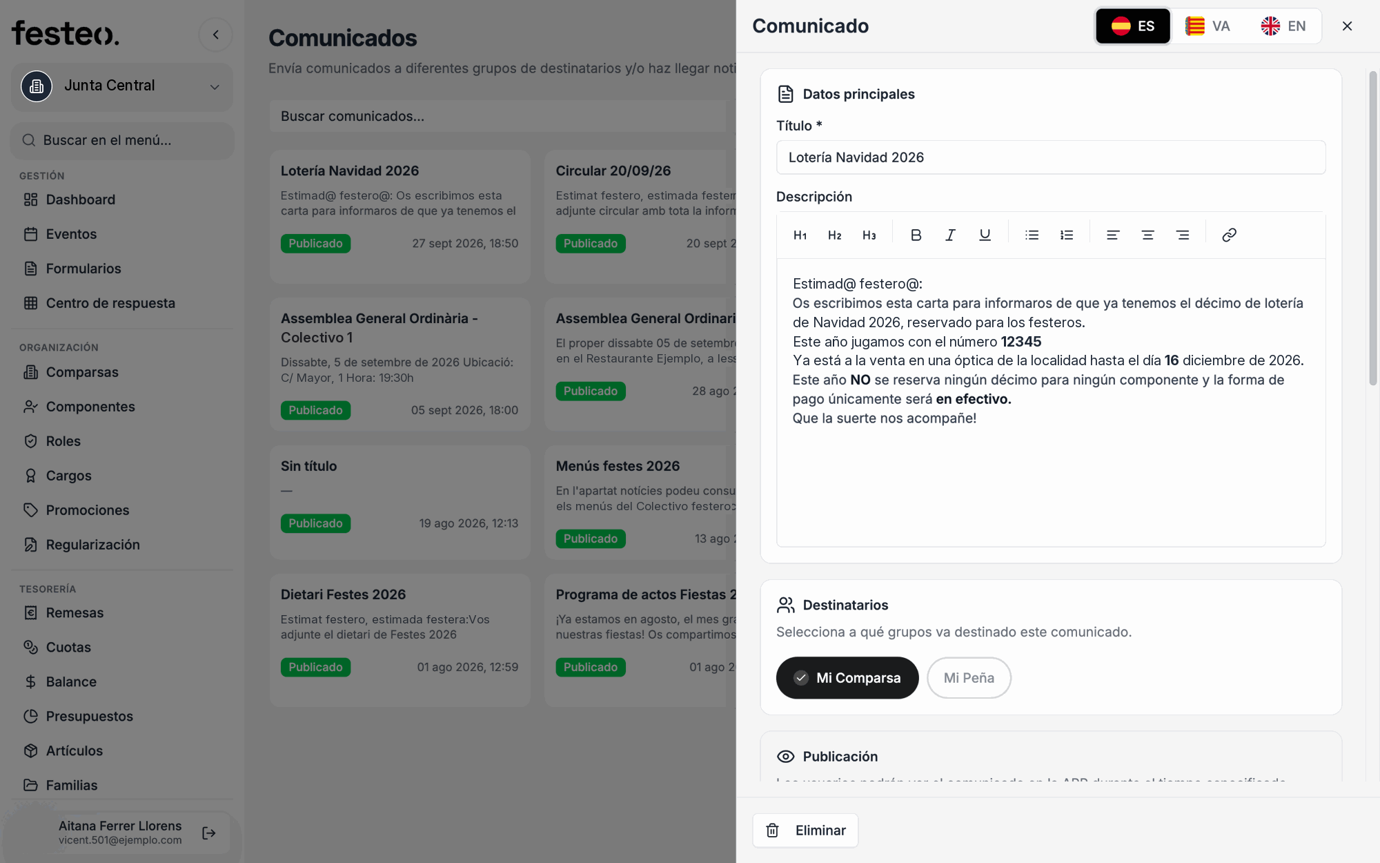 Edición de un comunicado: idioma, datos principales, destinatarios, publicación, notificación y documentos adjuntos