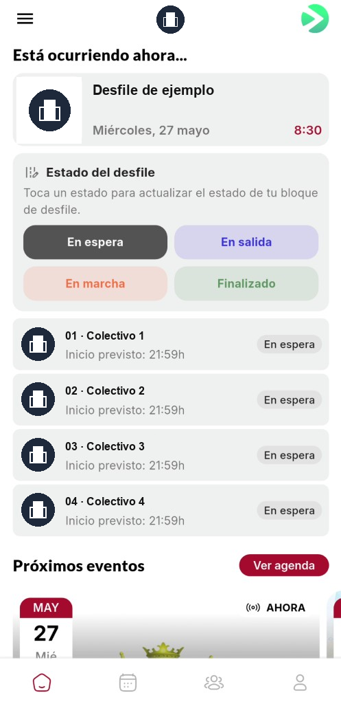 Selector manual de estados del desfile y lista de colectivos