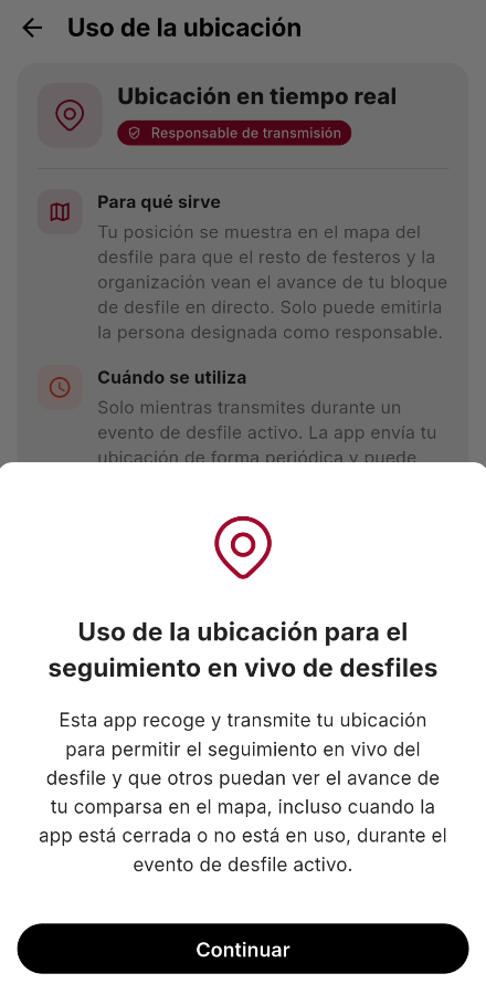 Aviso sobre el uso de la ubicación para el seguimiento en vivo de desfiles, con el botón Continuar