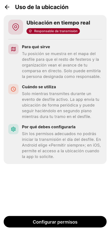 Pantalla Uso de la ubicación con el botón Configurar permisos