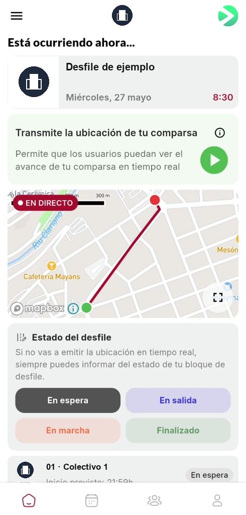 Inicio con la tarjeta de transmisión, el mapa y el selector de estado del desfile