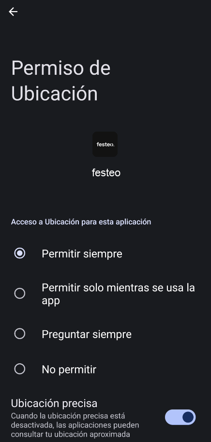 Permiso de ubicación en Android con Permitir siempre seleccionado