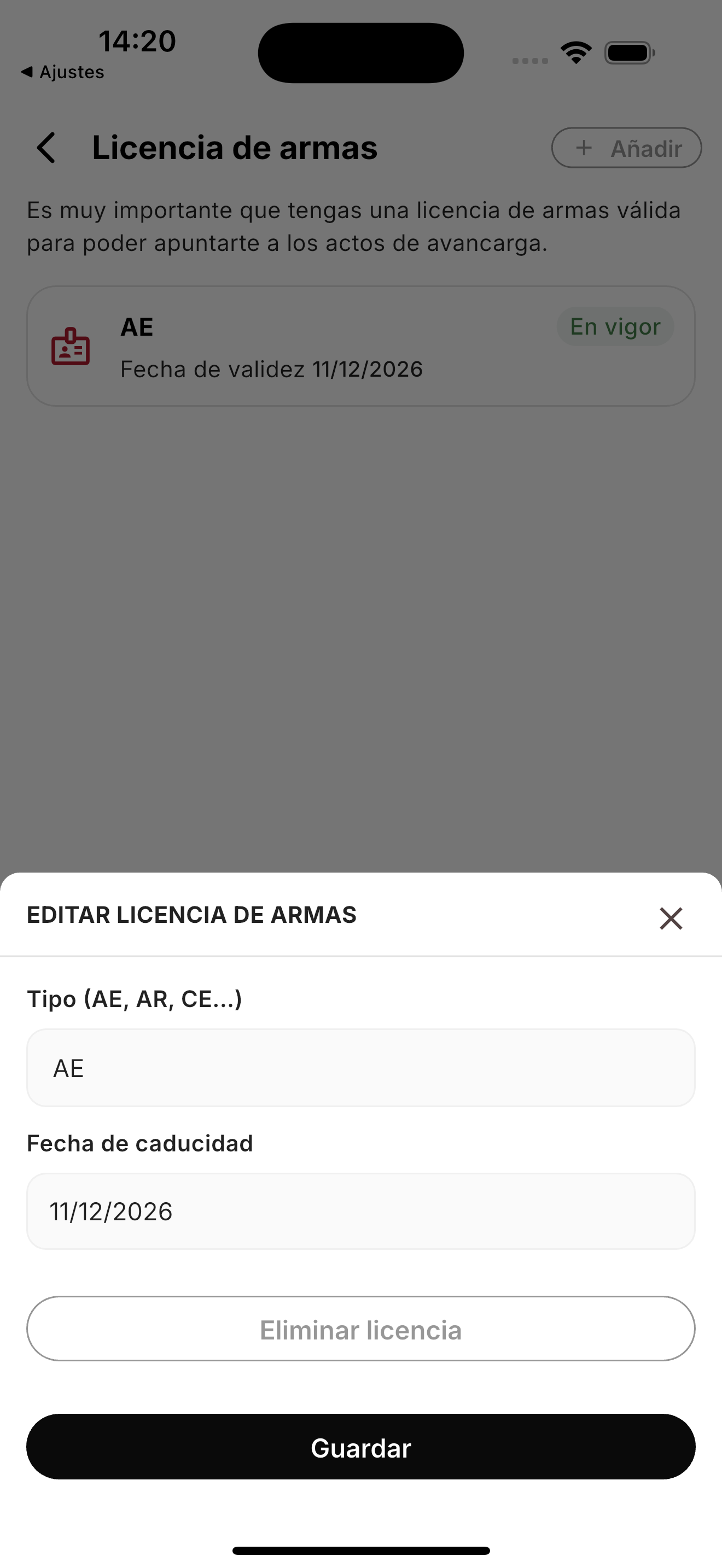 Pantalla Licencia de armas con una licencia en vigor y el botón Añadir
