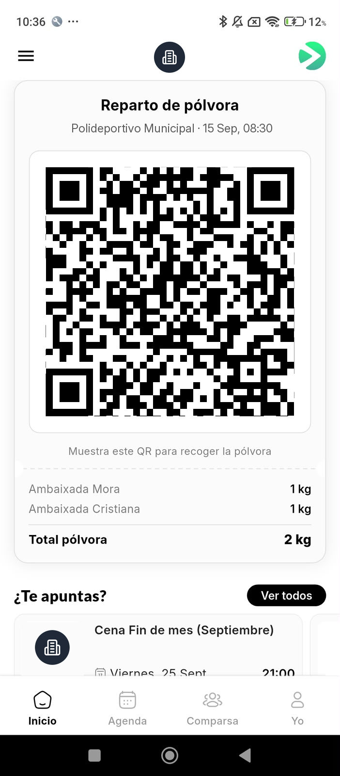 Tarjeta de reparto de pólvora en Inicio con el lugar y la hora, el código QR grande, los kilos de cada acto y el total de pólvora
