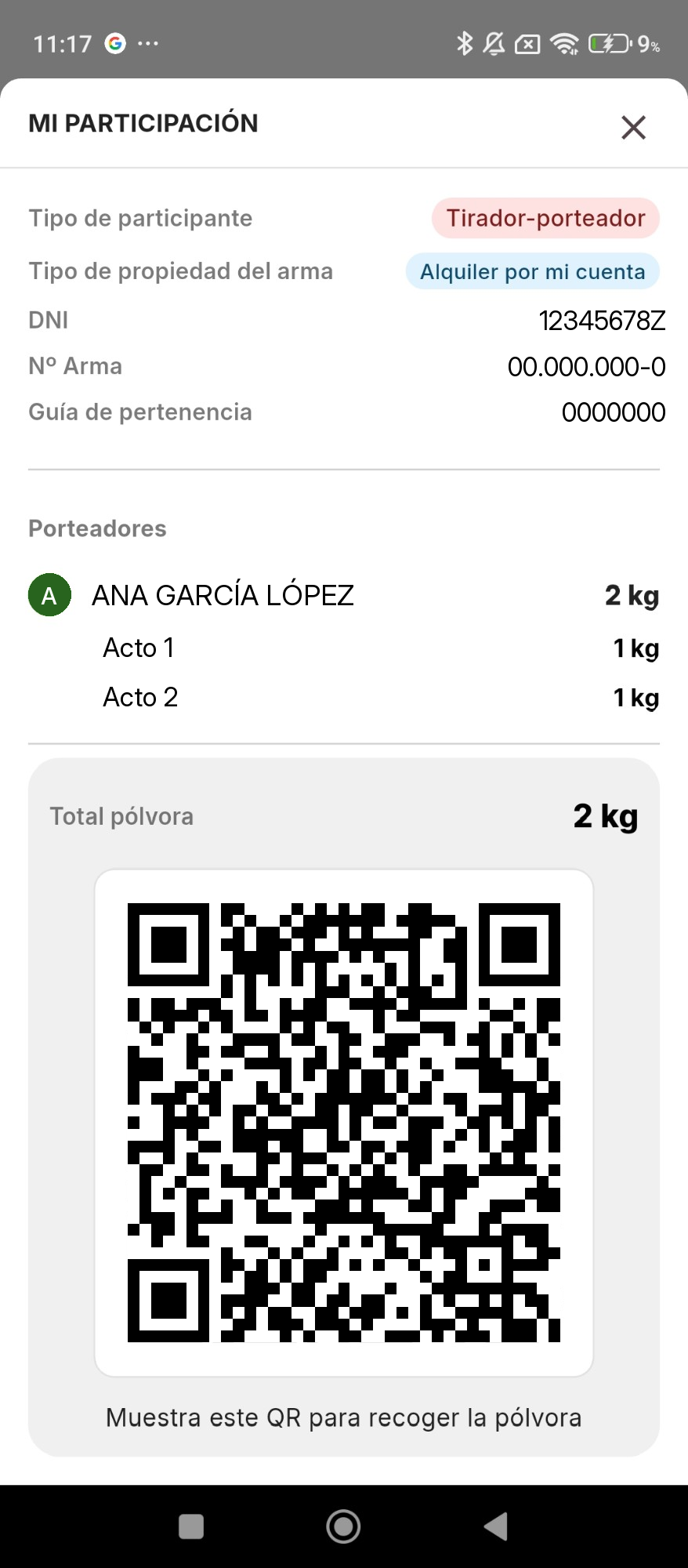 Mi participación con el tipo de participante, los datos del arma, los porteadores con sus kilos por acto, el total de pólvora y el código QR para recogerla