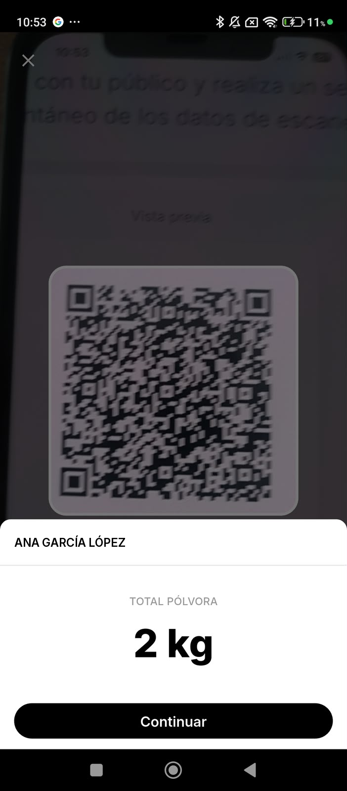 Ficha del porteador con el nombre, el total de pólvora en kilos y el botón Continuar