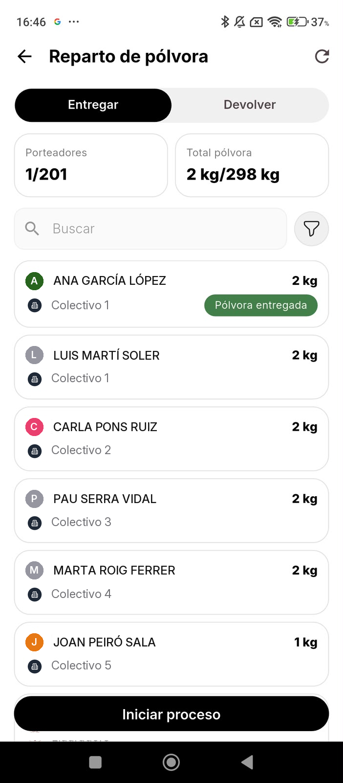 Pantalla Reparto de pólvora con las pestañas Entregar y Devolver, los contadores de porteadores y kilos, el buscador y la lista de porteadores con su colectivo y estado