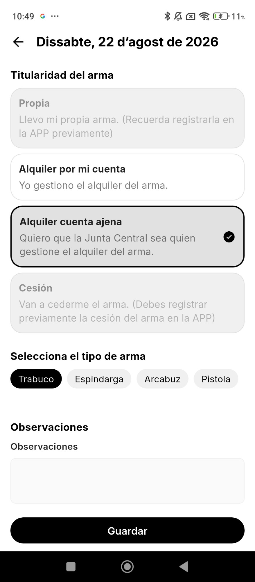 Titularidad del arma con la opción Alquiler cuenta ajena seleccionada y los tipos de arma Trabuco, Espingarda, Arcabuz y Pistola