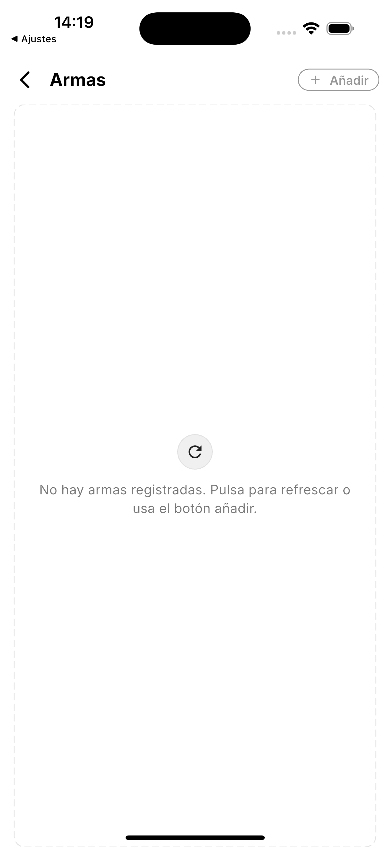 Pantalla Armas sin armas registradas y botón Añadir