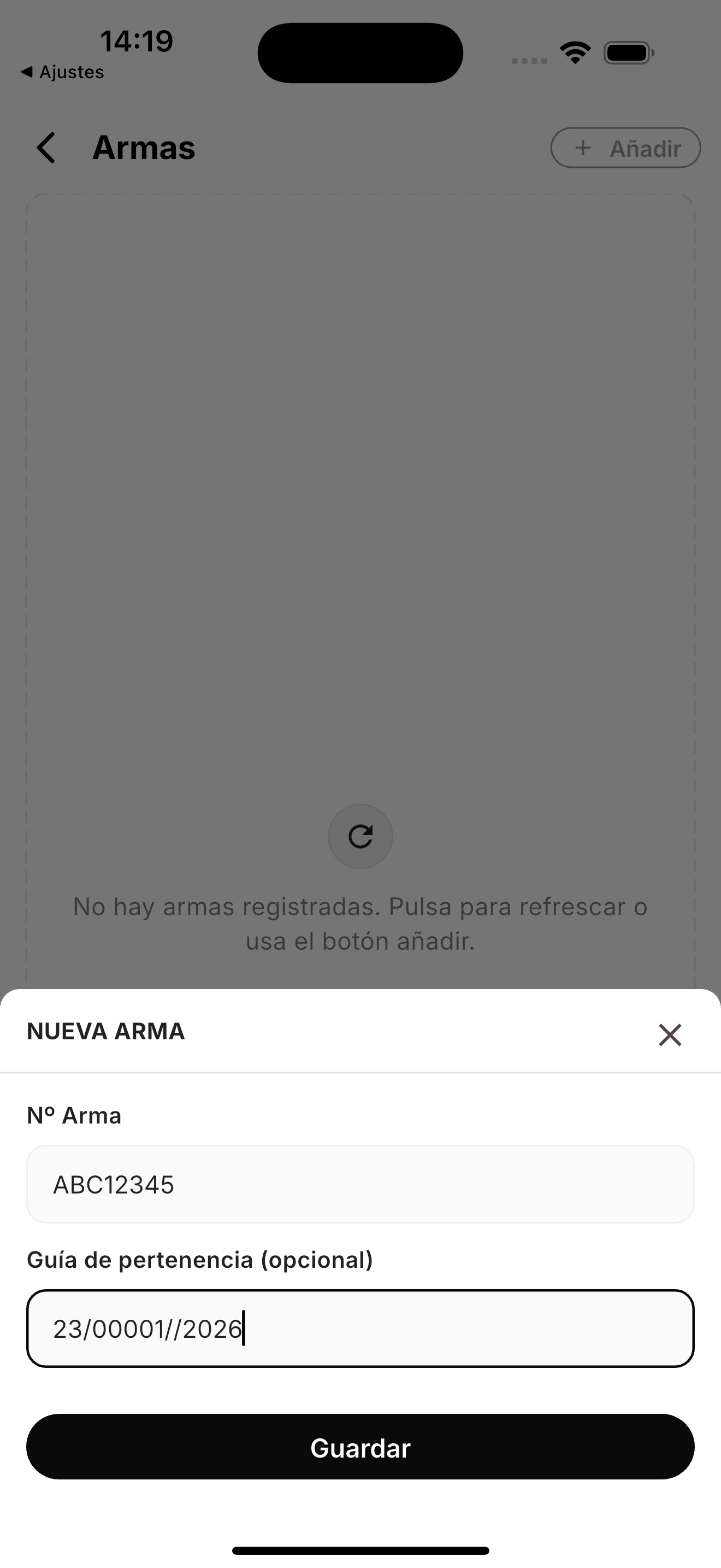 Ventana Nueva arma con el número de arma y la guía de pertenencia