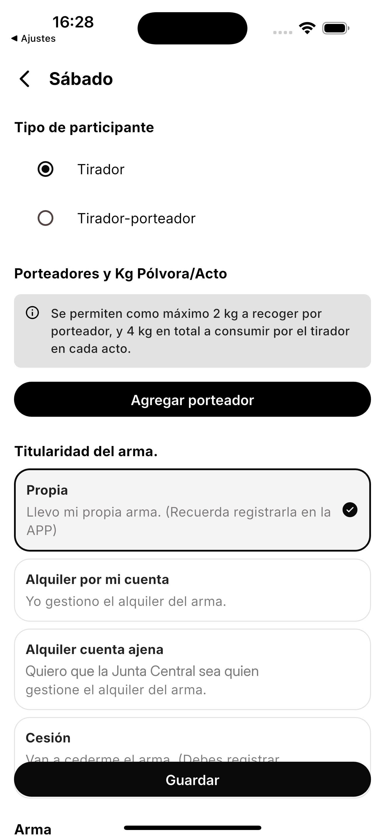 Formulario de participación con el tipo de participante, los porteadores y la titularidad del arma