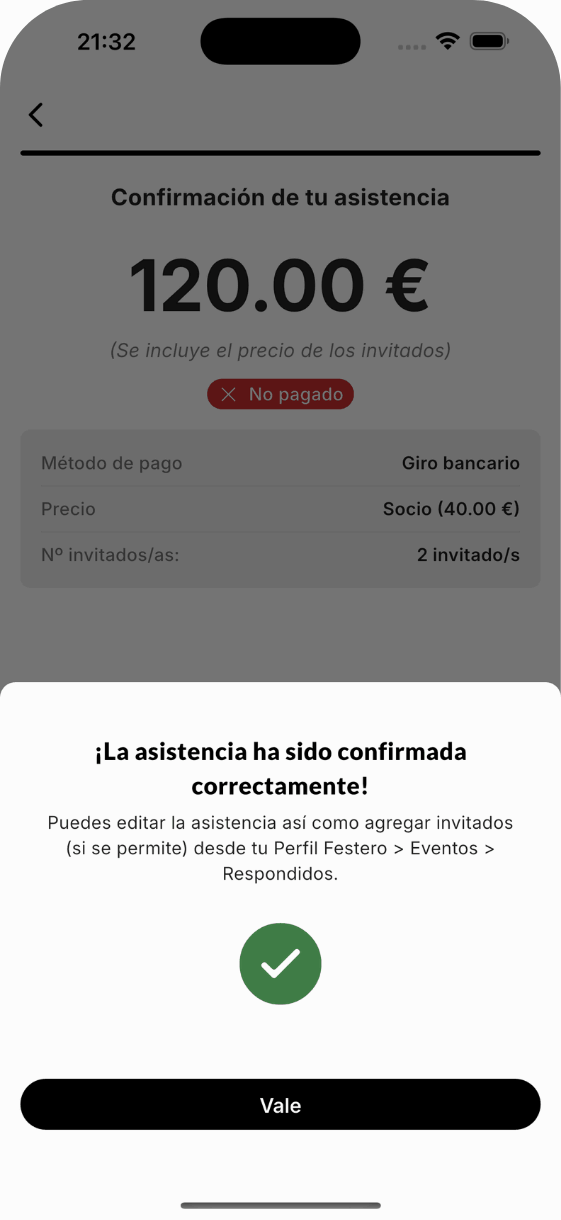 Confirmación de la asistencia: importe a pagar, método de pago, precio, número de invitados y mensaje de asistencia confirmada