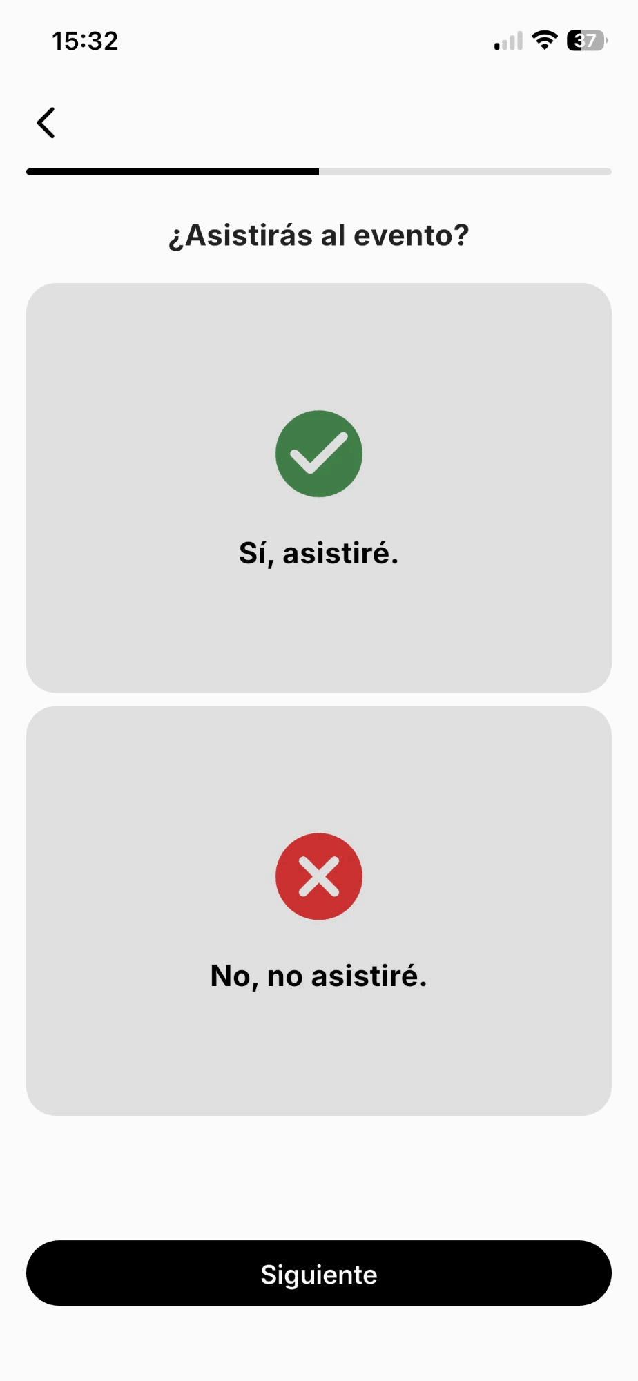 Primer paso del asistente: ¿Asistirás al evento? con las opciones Sí, asistiré y No, no asistiré