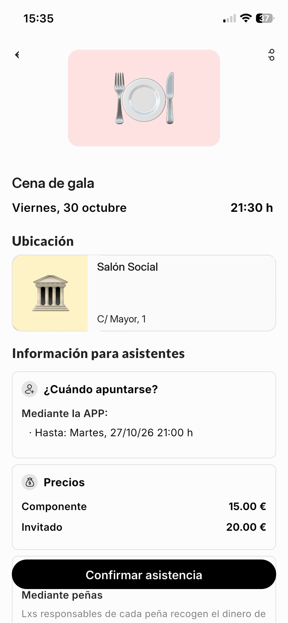 Detalle de un evento en la app con título, fecha, ubicación, información para asistentes, precios y botón Confirmar asistencia