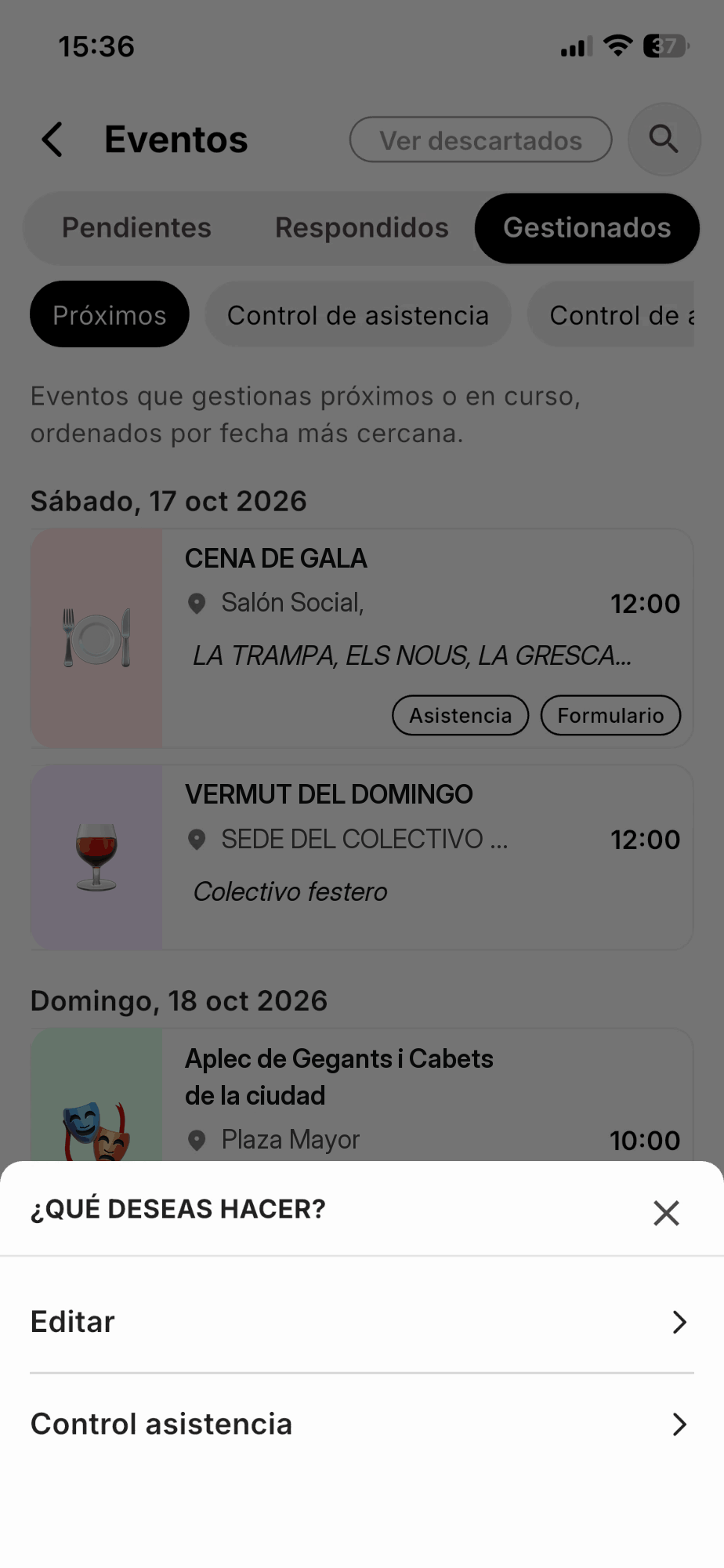 Menú «¿Qué deseas hacer?» con las opciones Editar y Control asistencia