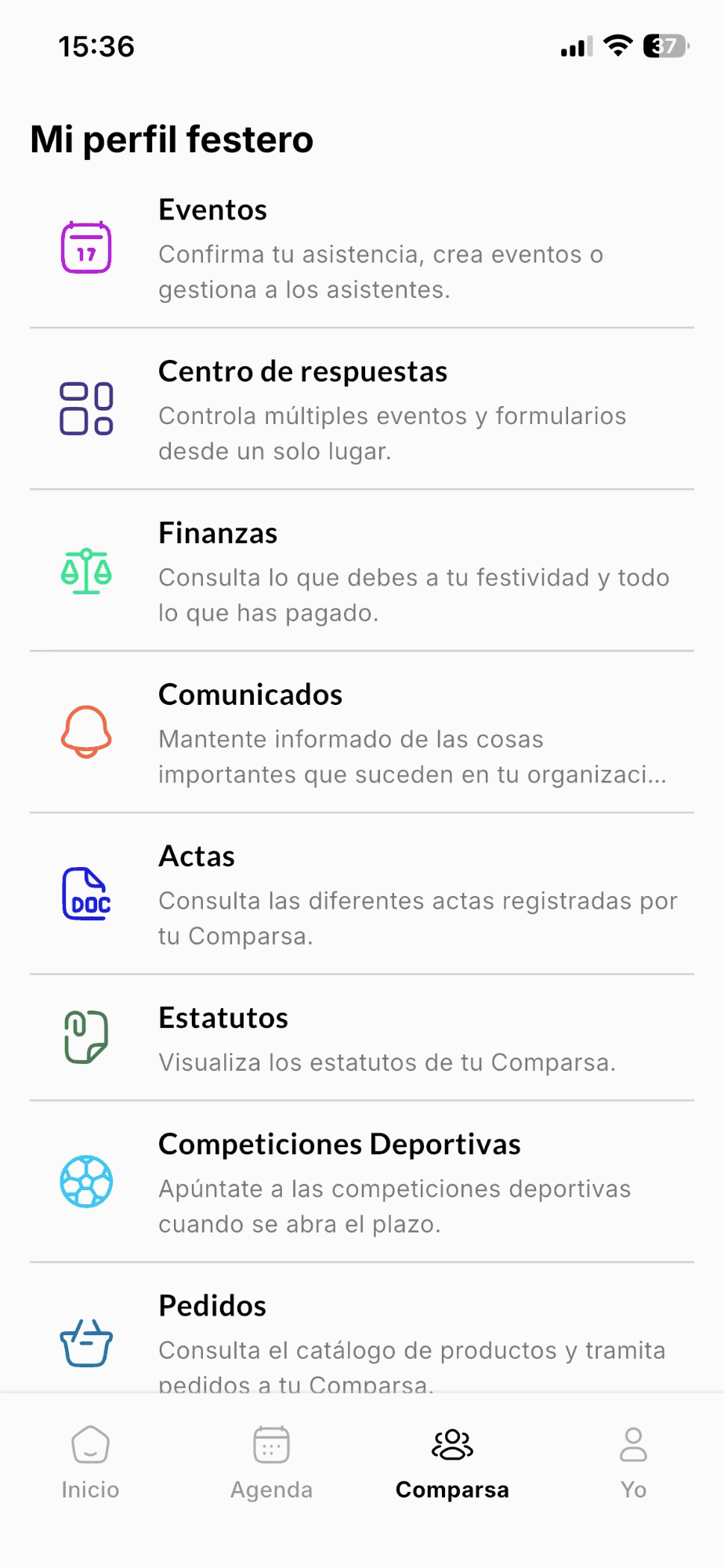 Mi perfil festero en la app con los accesos a Eventos, Centro de respuestas, Finanzas, Comunicados, Actas, Estatutos, Competiciones Deportivas y Pedidos