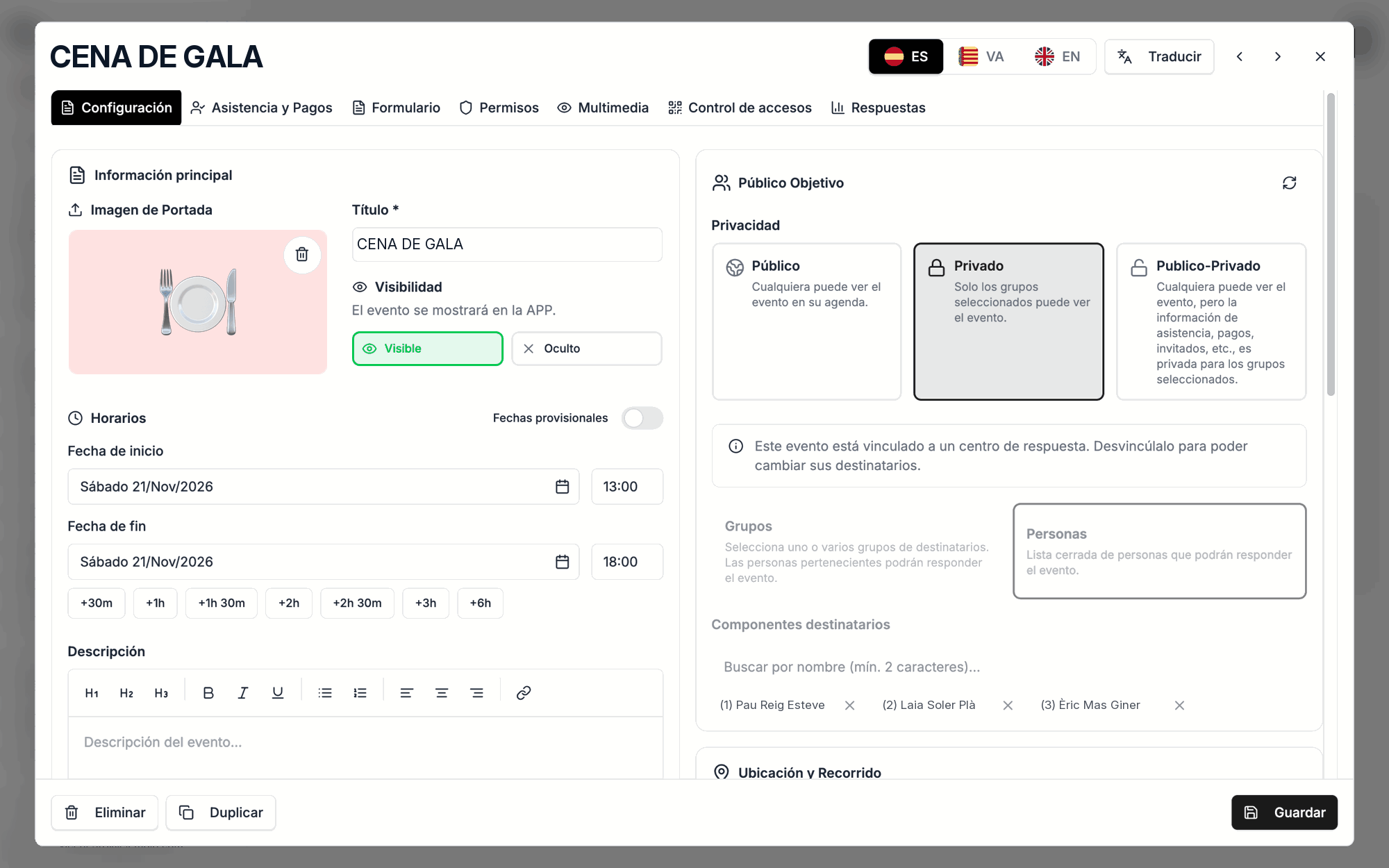 Pestaña Configuración de un evento: información principal, horarios y público objetivo