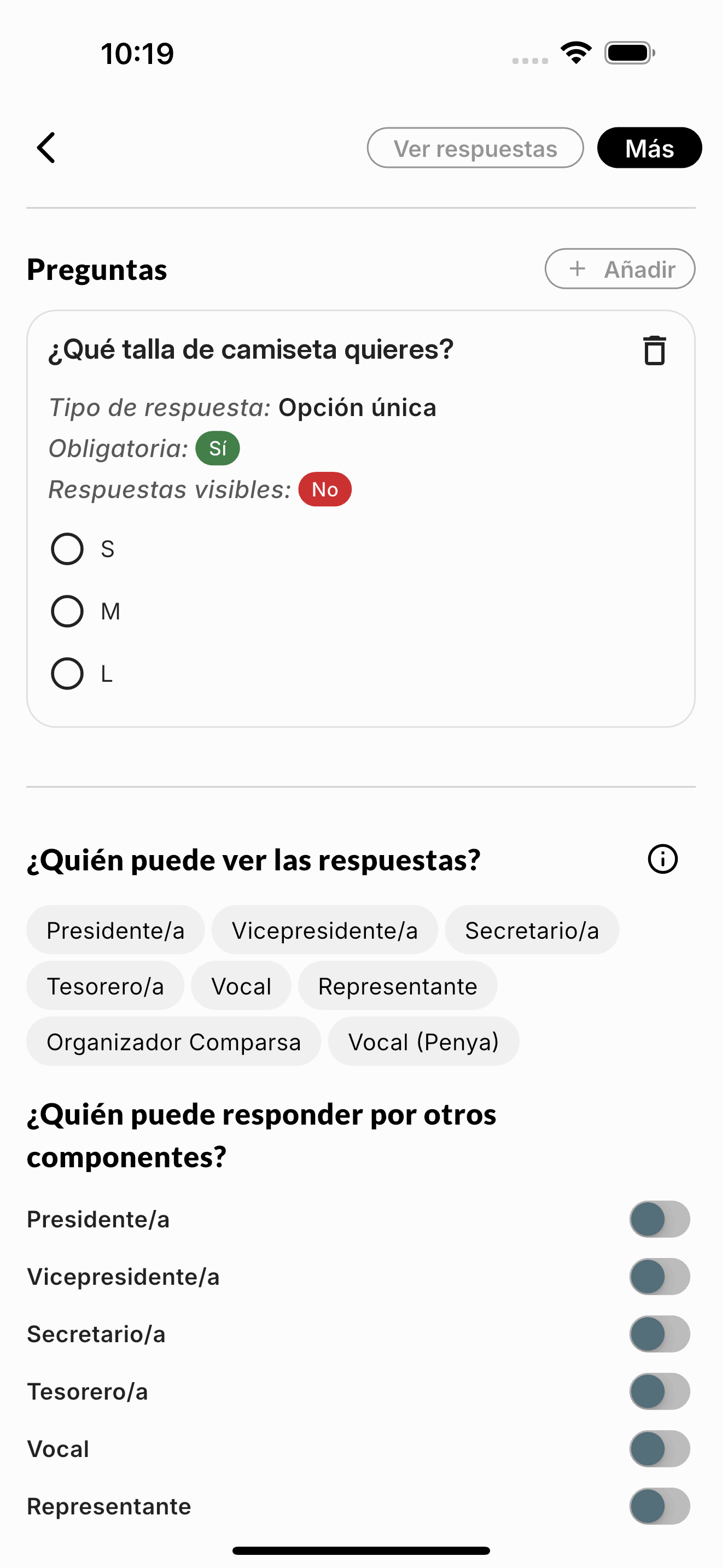 Preguntas y permisos del formulario en la app