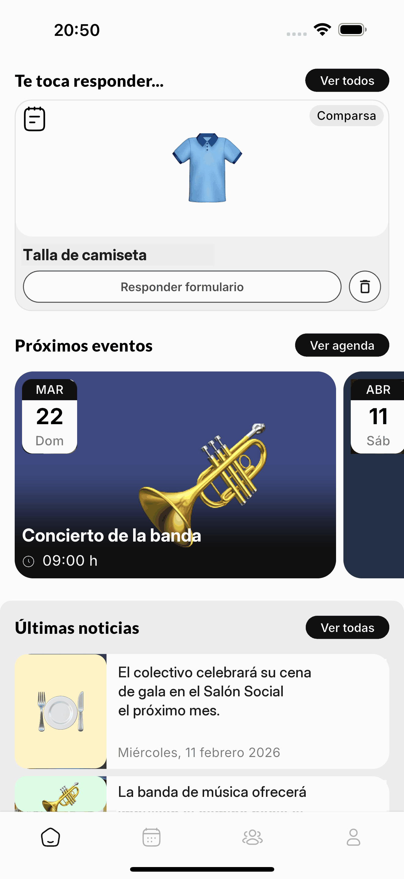 Bloque «Te toca responder…» en la pantalla de Inicio de la app, con el formulario Talla de camiseta y el botón Responder formulario