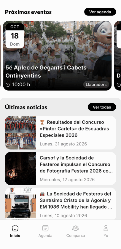 Pestaña Inicio de la app con los próximos eventos y las últimas noticias