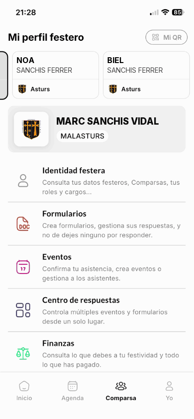Pestaña del colectivo en la app: Mi perfil festero con los perfiles de la familia, y los accesos a Identidad festera, Formularios, Eventos, Centro de respuestas y Finanzas