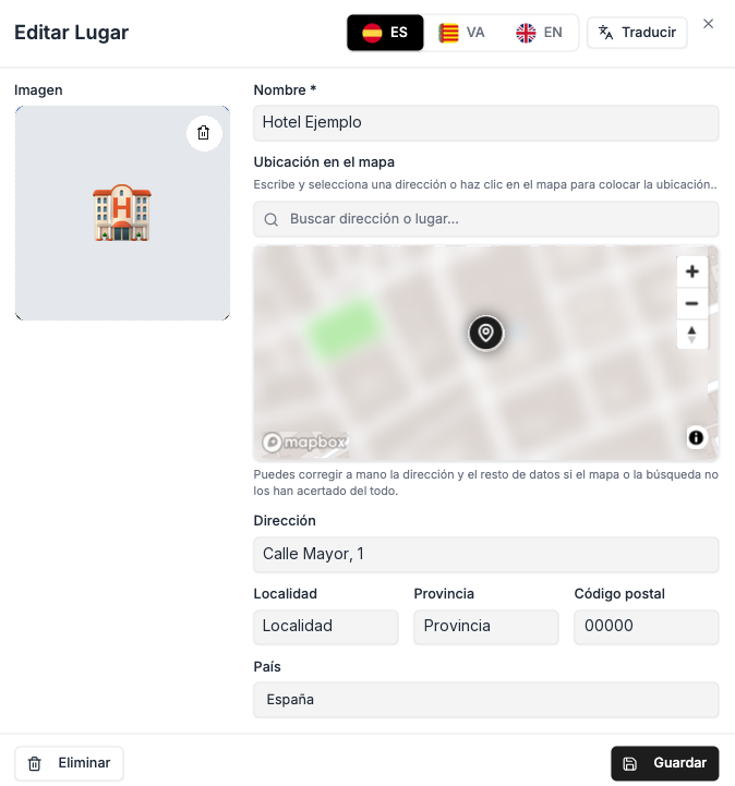 Ficha de un lugar: imagen, nombre, buscador de dirección, mapa con el punto marcado, dirección, localidad, provincia, código postal y país, y los botones de idioma, Traducir, Eliminar y Guardar
