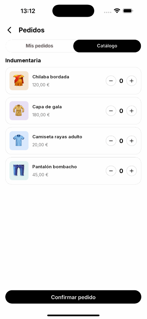 Catálogo en la app, pestaña Catálogo de Pedidos: productos con imagen, precio y botones para elegir cantidad