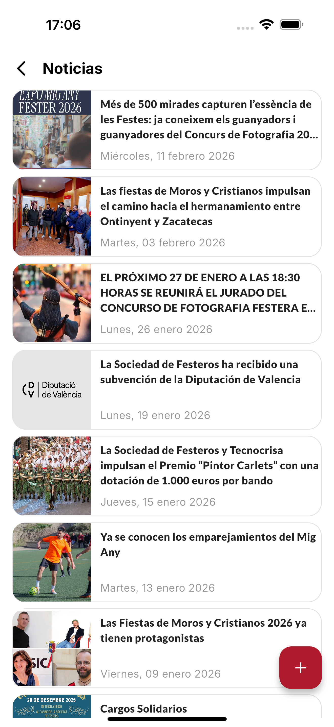Listado de gestión de noticias en la app