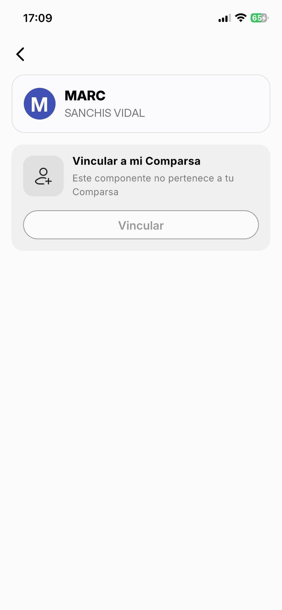 Ficha de un componente en la app con la tarjeta Vincular a mi colectivo: este componente no pertenece a tu colectivo, y el botón Vincular