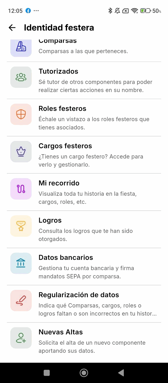 Menú Identidad festera de la app con la opción Nuevas Altas al final
