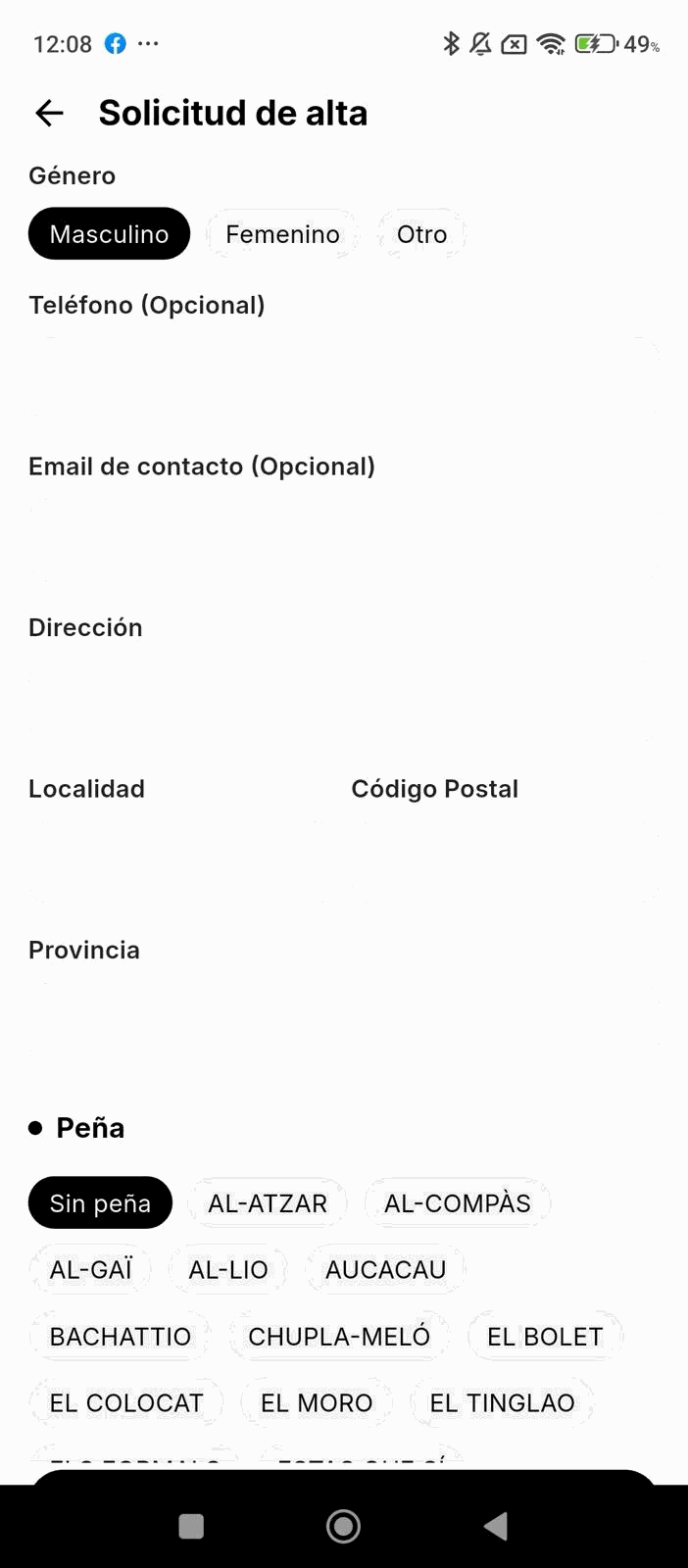 Formulario Solicitud de alta: género, teléfono, email, dirección, localidad, código postal y provincia