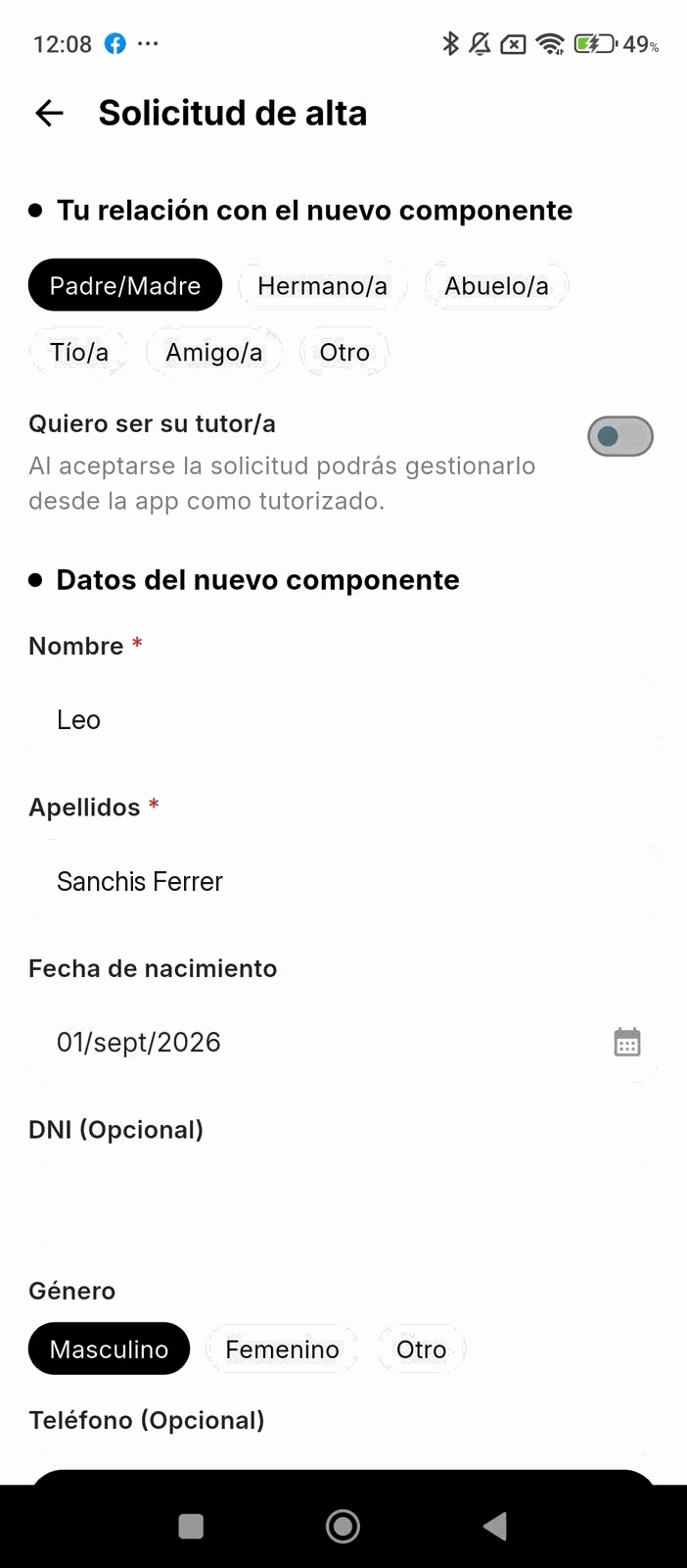 Formulario Solicitud de alta: relación con el nuevo componente, opción de ser su tutor y datos del nuevo componente