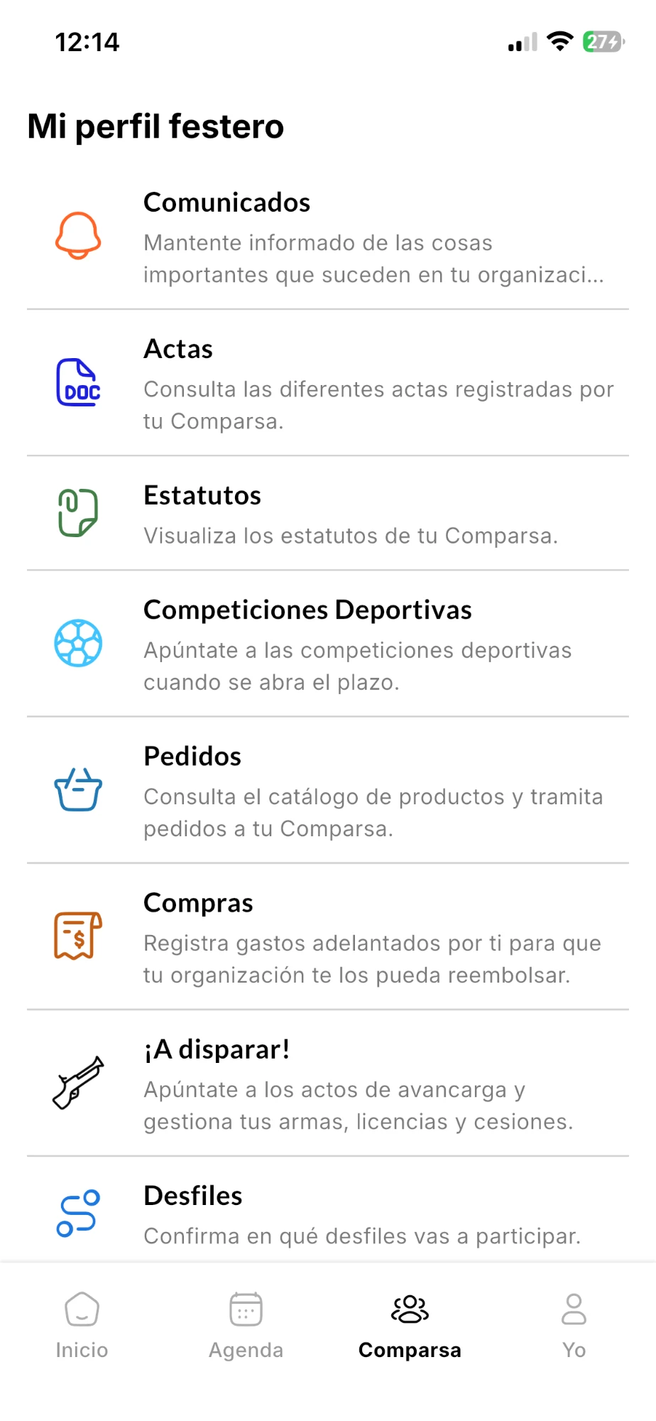 Mi perfil festero con la opción Competiciones Deportivas