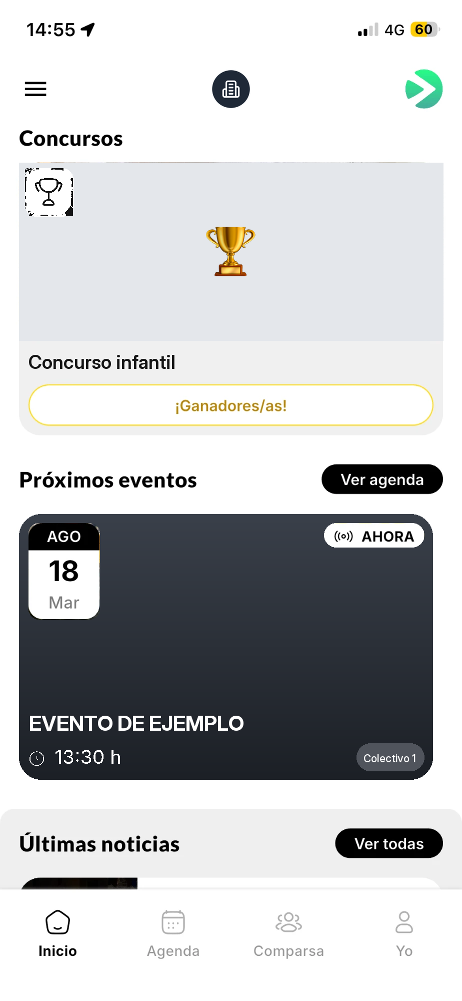 Inicio de la app con el bloque Concursos: imagen del concurso, su nombre y el botón de ganadores