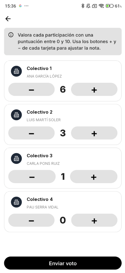 Pantalla de votación en la app con una tarjeta por participante y botones menos y más para puntuar de 0 a 10, y el botón Enviar voto