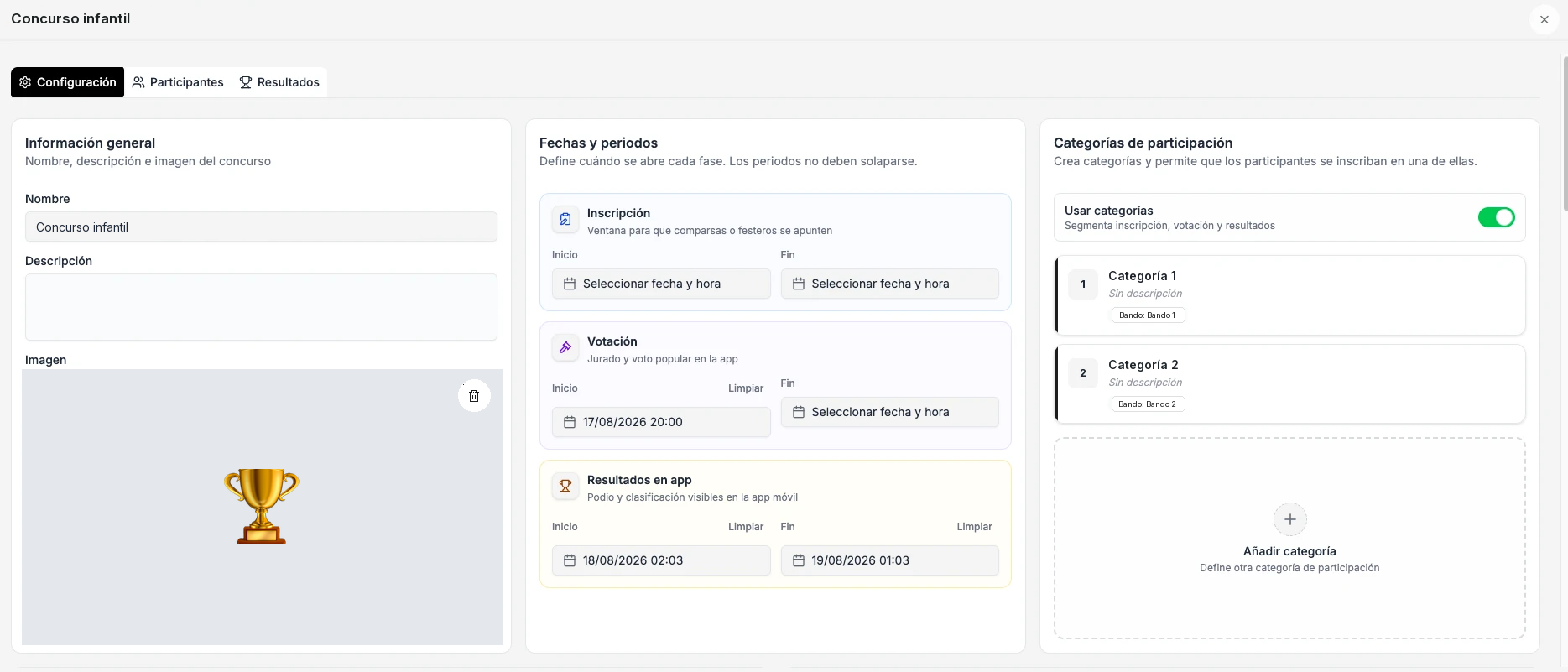 Configuración de un concurso: información general con nombre, descripción e imagen; fechas y periodos de inscripción, votación y resultados; y categorías de participación
