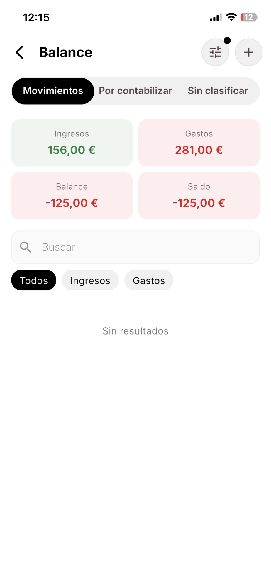 Balance en la app: las pestañas Movimientos, Por contabilizar y Sin clasificar, las tarjetas de ingresos, gastos, balance y saldo, el buscador y los filtros Todos, Ingresos y Gastos
