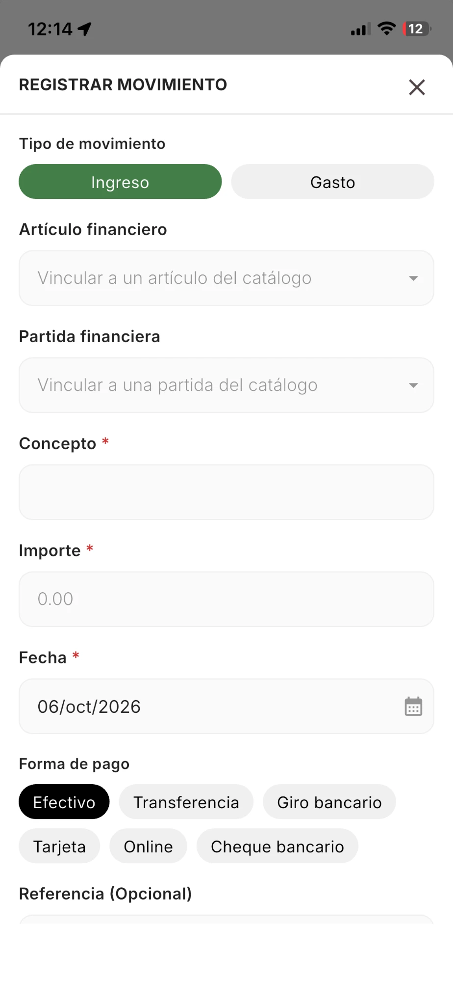 Ventana Registrar movimiento en la app: tipo Ingreso o Gasto, artículo y partida financieros, concepto, importe, fecha, forma de pago y referencia