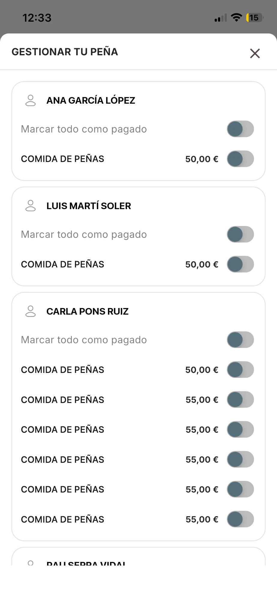 Ventana Gestionar tu peña con una tarjeta por miembro, un interruptor Marcar todo como pagado y un interruptor por cada concepto con su importe