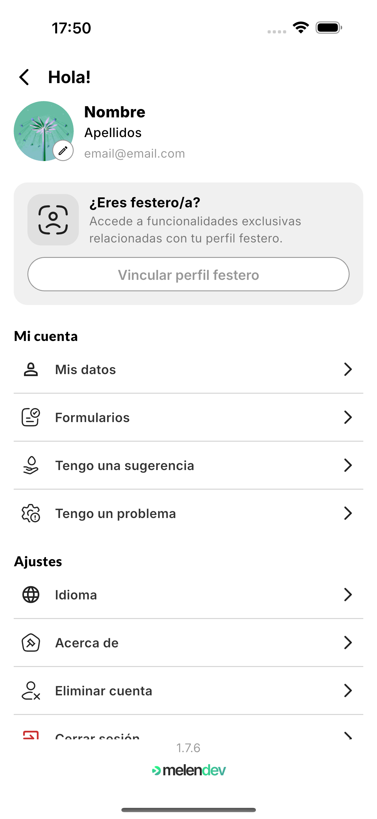 Pestaña Yo de la app con el aviso «¿Eres festero/a?» y el botón Vincular perfil festero